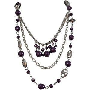 Long Ribbon Purple Pearls Beaded Necklace
